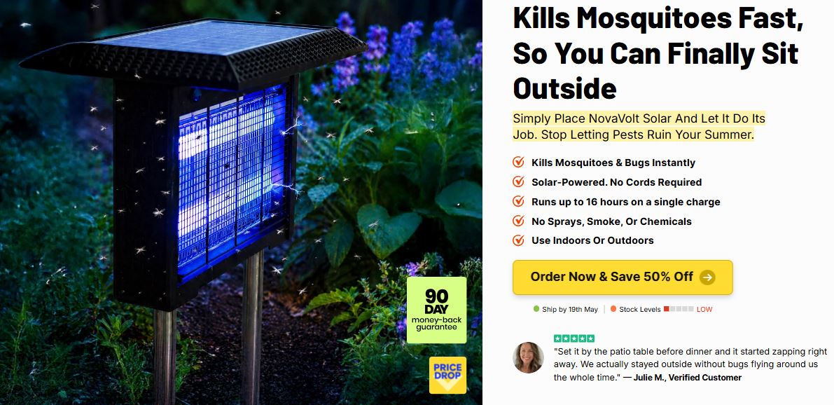 NovaVolt Solar Bug Zapper killing mosquitoes at night in garden